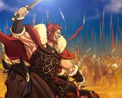  1boy armor army beard bucephalus_(fate) cape commentary_request desert facial_hair fate/zero fate_(series) flag helmet horse horseback_riding ionioi_hetairoi_(fate) iskandar_(fate) male_focus manly red_eyes red_hair riding ryuuki_garyuu sand shield soldier solo_focus sword weapon 