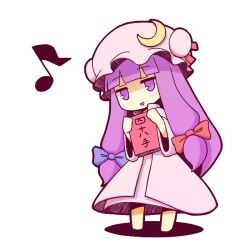  blush book chibi commentary_request crescent dress female hair_ribbon hat long_hair musical_note open_mouth patchouli_knowledge pink_dress purple_eyes purple_hair ribbon shijuuhatte simple_background smile solo taiga_mahoukan touhou translated white_background 