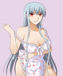  apron blush breasts cleavage commentary_request female grey_hair heart large_breasts long_hair naked_apron red_eyes selvaria_bles senjou_no_valkyria_(series) solo strap_pull taguchi_kenji_(omaep) very_long_hair 