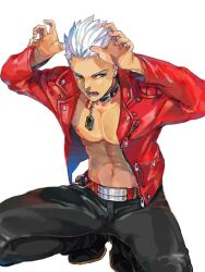  1boy archer_(cool_and_wild)_(fate) archer_(fate) collar commentary_request dark-skinned_male dark_skin fangs fate/extra fate/extra_ccc fate_(series) grey_eyes jacket kurozukuri leather leather_pants male_focus official_alternate_costume pants paw_pose red_jacket solo white_hair 