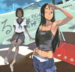  2girls aircraft airplane armpits bare_shoulders black_hair canopy_(aircraft) copyright_request dark-skinned_female dark_skin glasses hand_on_own_hip hand_over_face killmark long_hair midriff multiple_girls navel no_socks one_eye_closed school_uniform serafuku shading_eyes shoe_dangle short_hair skirt zaimoku_okiba 