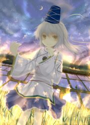  bunchou_(bunchou3103) commentary_request crescent female grey_hair hat highres japanese_clothes mononobe_no_futo rice_paddy skirt sky smile solo star_(sky) starry_sky tate_eboshi touhou yellow_eyes 