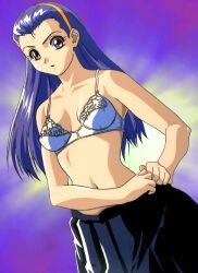  1990s_(style) blue_eyes bra character_request female hairband lingerie long_hair nakai_mami_(seigra) navel photoshop_(medium) retro_artstyle skirt solo underwear undressing white_bra yamada_masaki zenkoku_seifuku_bishoujo_grand_prix 