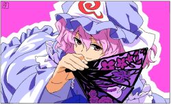  bad_id bad_pixiv_id female folding_fan hand_fan hands hat ikuya_koimori oekaki pink_eyes pink_hair saigyouji_yuyuko short_hair smile solo touhou 