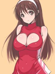  arms_behind_back breasts brown_eyes brown_hair cleavage cleavage_cutout clothing_cutout commentary_request dress female future_gpx_cyber_formula hairband heart heart_cutout highres large_breasts long_hair poin_(hidsuki) short_dress solo sugou_asuka 