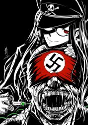  1boy antaria blindfold chinese_commentary commentary_request female glasses hat long_hair military military_uniform monochrome nazi original peaked_cap photoshop_(medium) red_blindfold red_eyes signature skull_and_crossbones spot_color swastika syringe uniform 