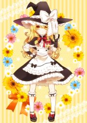  blonde_hair bloomers blue_eyes braid capelet commentary_request dress embellished_costume female flower frills hat kirisame_marisa long_hair moru ribbon solo touhou underwear witch_hat yellow_eyes 