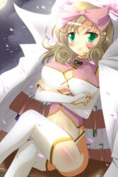  bad_id bad_pixiv_id bad_proportions blonde_hair blush boots bow breasts bridal_gauntlets cape cleavage cleavage_cutout clothing_cutout crossed_arms crossed_legs dress female green_eyes hairbow haruka_(senran_kagura) highres impossible_clothes impossible_dress large_breasts mayuzumi_makiha midriff moon petals senran_kagura senran_kagura_shoujo-tachi_no_shin&#039;ei sitting smile solo test_tube thigh_boots thighhighs 