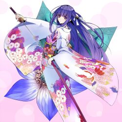  bad_id bad_pixiv_id bell bow expressionless female flower hair_ribbon japanese_clothes katana kimono long_hair original print_kimono purple_eyes purple_hair ramuya_(lamb) ribbon solo sword weapon white_background 