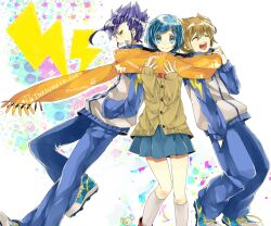  2boys blue_eyes blue_hair brown_hair commentary_request female inazuma_eleven_(series) inazuma_eleven_go matsukaze_tenma multiple_boys scarf school_uniform shared_clothes shared_scarf short_hair sorano_aoi tsurugi_kyousuke wonoco0916 yellow_eyes 