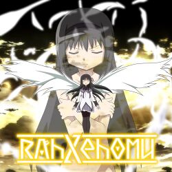  akemi_homura akemi_homura_(magical_girl) black_hair closed_eyes commentary_request female g3pen hairband long_hair magical_girl mahou_shoujo_madoka_magica mahou_shoujo_madoka_magica_(anime) parody photoshop_(medium) rahxephon ribbon solo wings 