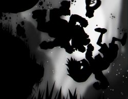  2boys battle commentary_request crossover falling glowing glowing_eyes grass greyscale hat hermesgildo light_particles limbo_(game) mario mario_(series) monochrome multiple_boys photoshop_(medium) shorts spikes tree unworn_hat unworn_headwear upside-down 