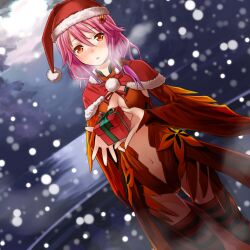  blush breasts buntan center_opening christmas cleavage commentary_request detached_sleeves elbow_gloves female fingerless_gloves gift gloves guilty_crown hat leotard long_hair medium_breasts navel pink_hair red_eyes red_leotard santa_costume santa_hat snow solo thighhighs twintails yuzuriha_inori 