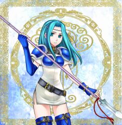  74 armor blue_eyes blue_hair circlet female fingerless_gloves fiora_(fire_emblem) fire_emblem fire_emblem:_the_blazing_blade gloves polearm skirt solo spear thighhighs weapon 