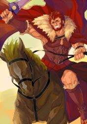  1boy armor bad_id bad_pixiv_id beard black_hair bucephalus_(fate) facial_hair fate/zero fate_(series) horse iskandar_(fate) male_focus rage_(rojiura) red_eyes red_hair reins sword weapon 