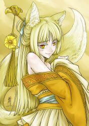  animal_ears antaria bare_shoulders blonde_hair blush chinese_commentary commentary_request female fox_ears fox_tail hair_ornament hair_stick journey_to_the_west long_hair photoshop_(medium) signature solo standing tail yellow_eyes yu_mian_gongzhu 