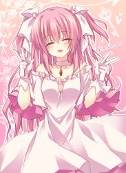  blush breasts choker cleavage closed_eyes commentary_request double_v dress female gloves hair_ribbon kaname_madoka long_hair magical_girl mahou_shoujo_madoka_magica mahou_shoujo_madoka_magica_(anime) matsumiya_kiseri open_mouth photoshop_(medium) pink_hair ribbon small_breasts smile solo spoilers translated two_side_up ultimate_madoka v 