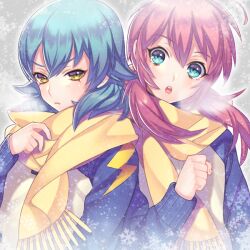  2boys bad_id bad_pixiv_id blue_eyes breath green_hair inazuma_eleven_(series) inazuma_eleven_go kariya_masaki kirino_ranmaru long_hair male_focus multiple_boys otoko_no_ko pink_hair scarf sencha_(senchat) shared_clothes shared_scarf twintails yellow_eyes 