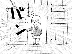  bad_id bad_pixiv_id blazer bow bowtie door emphasis_lines female girock greyscale jacket k-on! kotobuki_tsumugi long_hair long_sleeves looking_at_viewer monochrome pleated_skirt skirt solo standing walk-in 