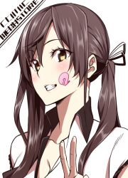  bad_id bad_pixiv_id black_hair blush breasts brown_eyes cleavage comic_megastore female fingernails hair_ribbon long_fingernails long_hair looking_at_viewer medium_breasts nanao_(mahaya) ponytail ribbon simple_background smile solo teeth v white_background 