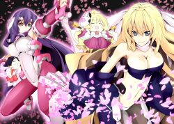  4girls aoi_kimi asama_tomo blonde_hair blue_eyes bodysuit breasts cherry_blossoms cleavage closed_eyes commentary_request folding_fan green_eyes hanami_(horizon) hand_fan heterochromia kyoukaisenjou_no_horizon large_breasts mini_person minigirl multiple_girls pantyhose petals purple_hair red_eyes toromera uzui_(horizon) 