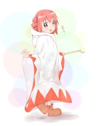  :d akaza_akari boots choko_chobi2010 commentary_request cosplay double_bun female final_fantasy hair_bun leg_up looking_back open_mouth outstretched_arm pink_hair purple_eyes robe shadow short_hair smile solo standing wand white_mage_(final_fantasy) white_mage_(final_fantasy)_(cosplay) yuru_yuri 