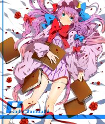  akishima_kei artistic_error bad_id bad_pixiv_id bare_legs bed blue_eyes book bow crescent female hairbow hat long_hair looking_at_viewer lying on_back open_book panties panty_pull patchouli_knowledge petals purple_hair solo touhou underwear very_long_hair white_panties 