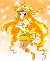  bad_id bad_pixiv_id blonde_hair blush body_blush boots bow brooch bubble_skirt circlet cure_muse_(yellow) female frills gradient_background hands_on_own_chest heart highres jewelry knee_boots long_hair magical_girl massala orange_background precure red_eyes shirabe_ako skirt smile solo sparkle standing standing_on_one_leg suite_precure yellow_bow yellow_skirt yellow_theme 