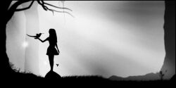  alice_liddell_(american_mcgee&#039;s_alice) american_mcgee&#039;s_alice bird bug butterfly commentary_request dark female flower forest grass greyscale jagged66 limbo_(game) long_hair monochrome nature parody silhouette solo style_parody tree 