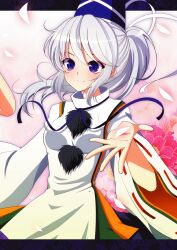  bad_id bad_pixiv_id blue_eyes female grey_hair hat japanese_clothes kariginu mononobe_no_futo nanohana_kohina outstretched_hand petals ponytail solo tate_eboshi touhou wide_sleeves 