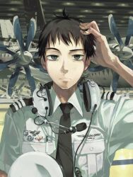  1boy aircraft airplane badge brown_hair contra-rotating_propellers copyright_request hand_on_own_head hat headset male_focus necktie pilot raised_eyebrow solo uniform unworn_hat unworn_headwear zaimoku_okiba 