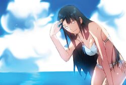  bikini black_hair breasts cleavage cloud female hyuuga_hinata kk001 leaning_forward long_hair naruto sky smile solo swimsuit water wet 