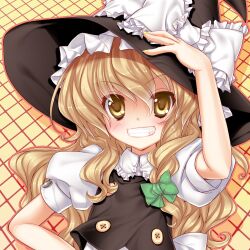  33paradox argyle_background bad_id bad_pixiv_id blonde_hair bow braid collared_shirt colorized female frilled_ribbon frills grin hair_between_eyes hand_on_headwear hand_on_own_hip hat hat_ribbon highres kirisame_marisa large_hat long_hair looking_at_viewer lucie open_mouth photoshop_(medium) puffy_short_sleeves puffy_sleeves ribbon shirt short_sleeves single_braid smile solo touhou upper_body vest white_ribbon white_shirt witch_hat yellow_background yellow_eyes 