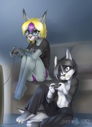  4_toes abluedeer anthro barefoot canid canine canis chris_(kingofkof) clothed clothing domestic_dog duo eyewear feet felid feline female glasses kingofkof lynx male mammal sarah_fulton sitting skimpy toes underwear 