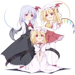  3girls :d ascot atapon bat_(animal) bat_wings between_legs blonde_hair blouse blush commentary_request cosplay costume_switch darkness flandre_scarlet hair_ornament hair_ribbon hand_between_legs hand_on_another&#039;s_head hand_on_headwear hat headwear_switch lace light_purple_hair long_sleeves multiple_girls oerba_yun_fang open_mouth own_hands_together red_eyes remilia_scarlet remilia_scarlet_(cosplay) ribbon rumia rumia_(cosplay) shirt shoes short_hair siblings side_ponytail simple_background sisters sitting skirt skirt_set smile thighhighs touhou unworn_hat unworn_headwear v_arms vest wariza wavy_mouth white_background white_legwear white_shirt wings 