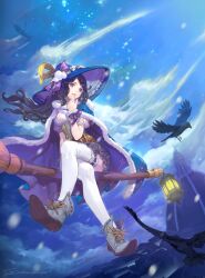  black_hair broom broom_riding building cape cloud commentary_request corset crossed_legs crown dome feathers female fur_trim hat hat_ribbon lamp lantern lips long_hair md5_mismatch night night_sky open_mouth original photoshop_(medium) resolution_mismatch ribbon shoes sidesaddle sitting skirt sky smile solo source_smaller thighhighs tob white_thighhighs witch witch_hat wrist_cuffs zettai_ryouiki 