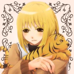  blonde_hair brown_eyes female female fruits_basket hug school_uniform short_hair smile sohma_kisa solo souma_kisa tiger 