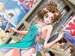  3girls apron beach bikini brown_hair dutch_angle jpeg_artifacts kokura_masashi kooribata kudanshita_maeka multiple_girls ponytail swimsuit tokimeki_memorial tokimeki_memorial_2 tray 