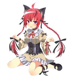  alternate_costume animal_ears bad_id bad_pixiv_id blush braid cat_ears choker colorized corset female hair_ribbon highres kaenbyou_rin kikugetsu long_hair purple_eyes red_hair ribbon saionji_yuri simple_background solo touhou twin_braids twintails underbust white_background 