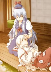  2girls blue_dress blue_hair bow closed_eyes commentary_request dress drooling fujiwara_no_mokou hair_ribbon hairbow hand_on_another&#039;s_head hariyaa hat highres kamishirasawa_keine lap_pillow long_hair lying multiple_girls on_back open_door open_mouth pants photoshop_(medium) porch ribbon shirt sitting sleeping smile suspenders tatami touhou veranda white_hair 