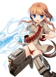  blue_eyes braid brown_hair commentary_request female glowing land_striker long_hair messy_(efuya) multicolored_hair open_mouth original panties photoshop_(medium) plaid plaid_panties primrose_hyatt scotland solo striker_unit tail twin_braids two-tone_hair underwear uniform weapon world_witches_series 