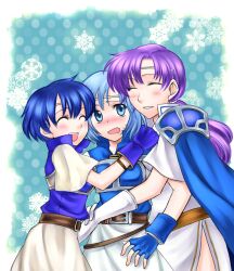  3girls 74 armor blue_eyes blue_hair blush cape circlet closed_eyes embarrassed fingerless_gloves fire_emblem fire_emblem:_the_binding_blade gloves hug juno_(fire_emblem) long_hair multiple_girls open_mouth purple_hair shanna_(fire_emblem) short_hair siblings side_slit sisters smile sweatdrop thea_(fire_emblem) 