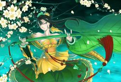  antaria bangle bare_shoulders black_hair blush bracelet chinese_clothes commentary female flower frown green_eyes hair_ornament hand_fan jewelry journey_to_the_west long_hair photoshop_(medium) solo tie_shan_gongzhu tree 