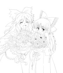  2girls bad_id bad_pixiv_id blush bouquet bow flower greyscale hair_tubes hairbow hakurei_reimu hands happy ikuya_koimori line_art long_hair monochrome multiple_girls open_mouth reiuji_utsuho rose shy sidelocks smile touhou wings 