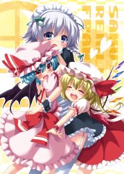  3girls bat_wings belt blonde_hair blue_eyes blue_hair braid closed_eyes commentary_request crystal flandre_scarlet garter_straps grey_hair happy hat hug izayoi_sakuya lolicon long_hair maid maid_headdress momojiri_aya multiple_girls oerba_yun_fang open_mouth red_eyes remilia_scarlet ribbon short_hair side_ponytail skirt skirt_set thighhighs touhou white_legwear wings wrist_cuffs 