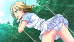  aqua_eyes blonde_hair blue_panties bomi day female frills game_cg no_pantsu!! outdoors panties polka_dot polka_dot_panties racket sawara_hane short_hair solo sportswear tennis tennis_racket tennis_uniform underwear 