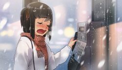  amami_haruka bad_id bad_pixiv_id bag black_hair blush closed_eyes cold corded_phone crying ddal female hair_ornament hairclip handbag idolmaster idolmaster_(classic) long_sleeves open_mouth outdoors payphone phone phone_booth photoshop_(medium) sad scarf short_hair side_ponytail snot snowing solo striped_clothes striped_scarf sweater tears wavy_mouth winter winter_clothes 