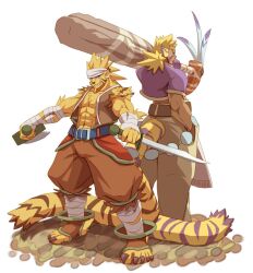  2boys animal_ears bandages birry blonde_hair breath_of_fire breath_of_fire_iii breath_of_fire_iv cat_ears club_(weapon) commentary_request cray_(breath_of_fire) dagger facial_mark fur green_eyes knife multiple_boys rei_(breath_of_fire) tail weapon 