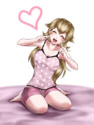  ^_^ alternate_costume bare_legs bare_shoulders barefoot blonde_hair blush breasts casual cleavage closed_eyes commentary_request female full_body heart laughing long_hair mario_(series) medium_breasts princess_peach seiza sitting solo wasabi_(legemd) white_background 