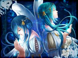  2girls aqua_hair back-to-back bare_shoulders closed_eyes commentary_request dual_persona hair_ornament hatsune_miku long_hair momopanda multiple_girls nail_polish tears vocaloid wings 